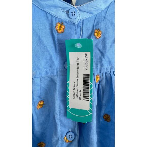 Scotch Soda Womens Blue Gathered 3/4 Sleeve Embroidered Top Size Medium NWT - Picture 10 of 11